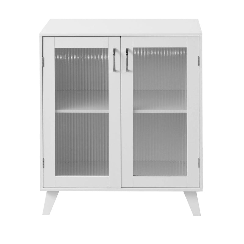 Buffet en bois blanc avec portes vitrées et étagère réglable, style minimaliste