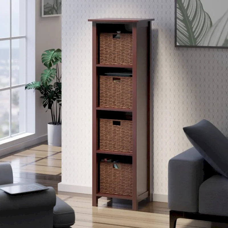 Étagère de rangement haute à 4 niveaux avec paniers pliables en corde tressée, Noyer Marron