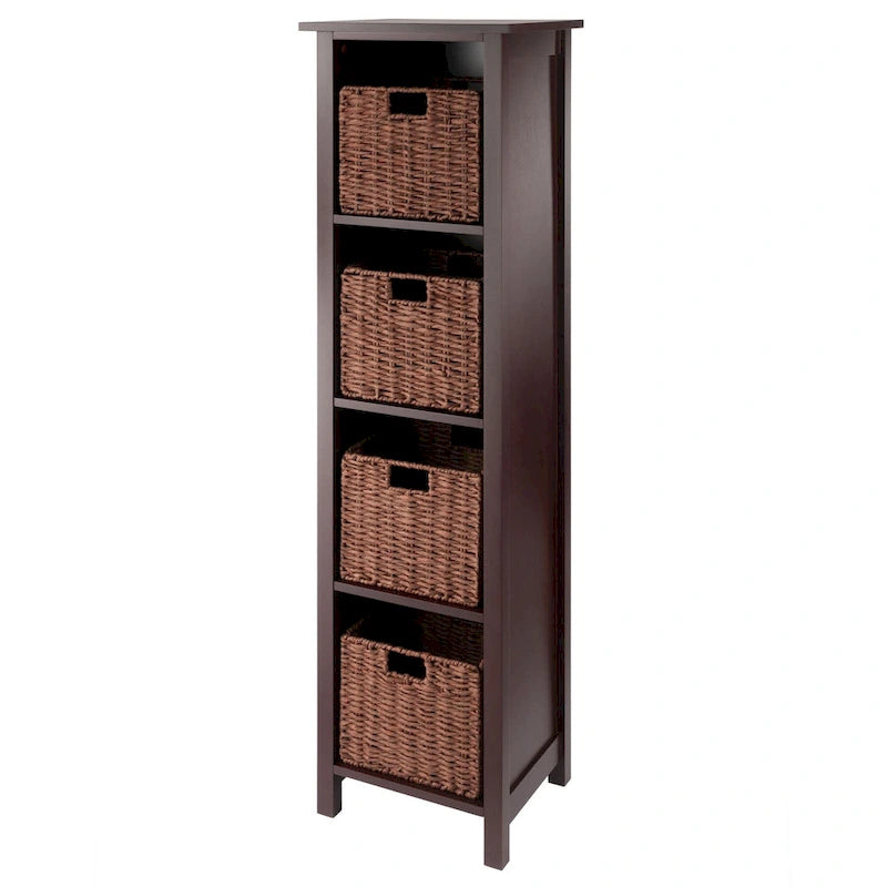 Étagère de rangement haute à 4 niveaux avec paniers pliables en corde tressée, Noyer Marron