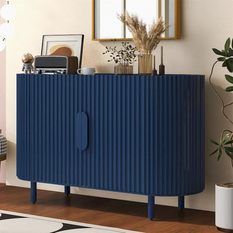 Buffet à design incurvé avec étagères réglables, blanc, noyer, noir, bleu