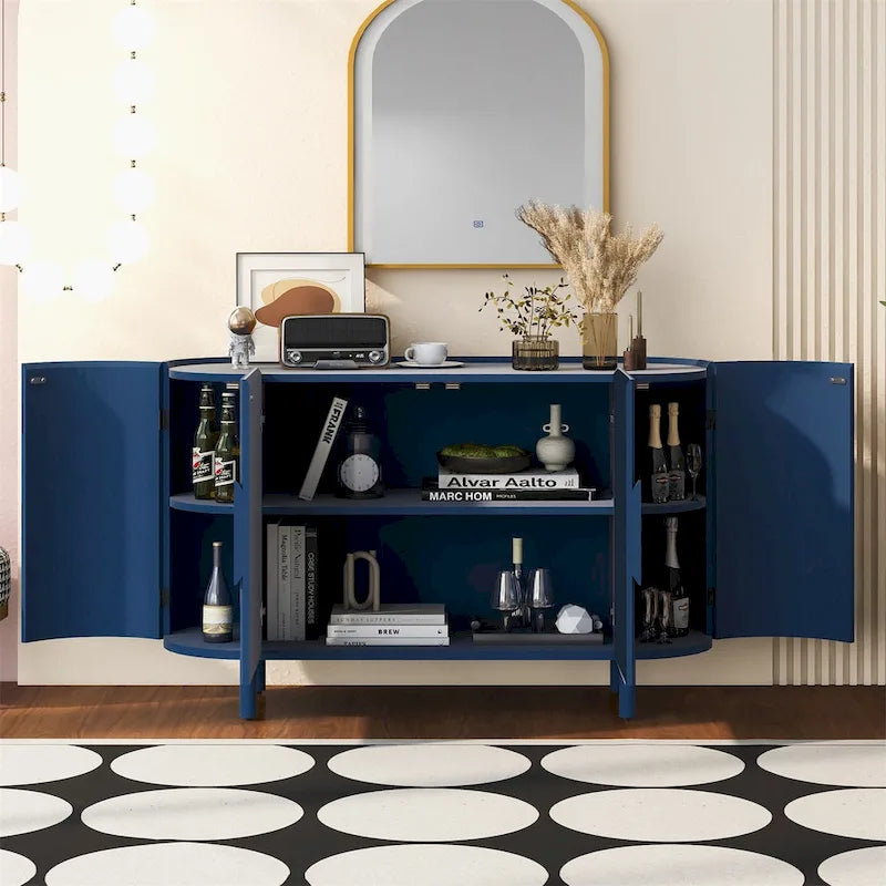 Buffet à design incurvé avec étagères réglables, blanc, noyer, noir, bleu