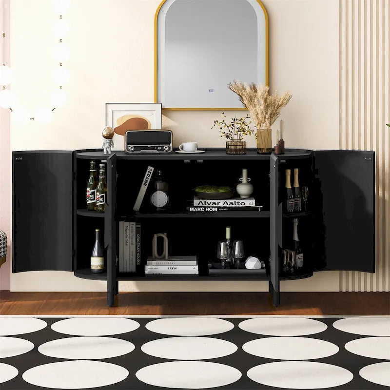 Buffet à design incurvé avec étagères réglables, blanc, noyer, noir, bleu