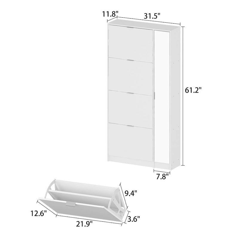 Meuble à chaussures blanc mince avec tiroirs escamotables et miroir pleine longueur