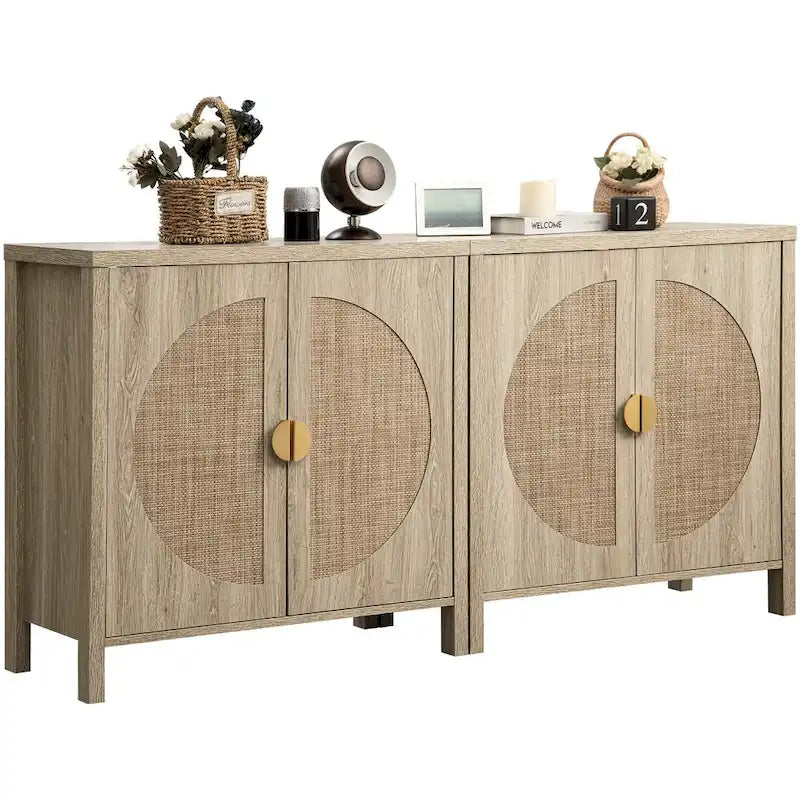 Meuble d'appoint en chêne et rotin avec panneau tissé en demi-cercle et poignée dorée