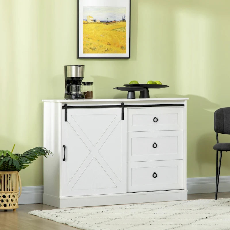 Buffet de style campagnard avec porte coulissante type porte de grange et 3 tiroirs, Blanc