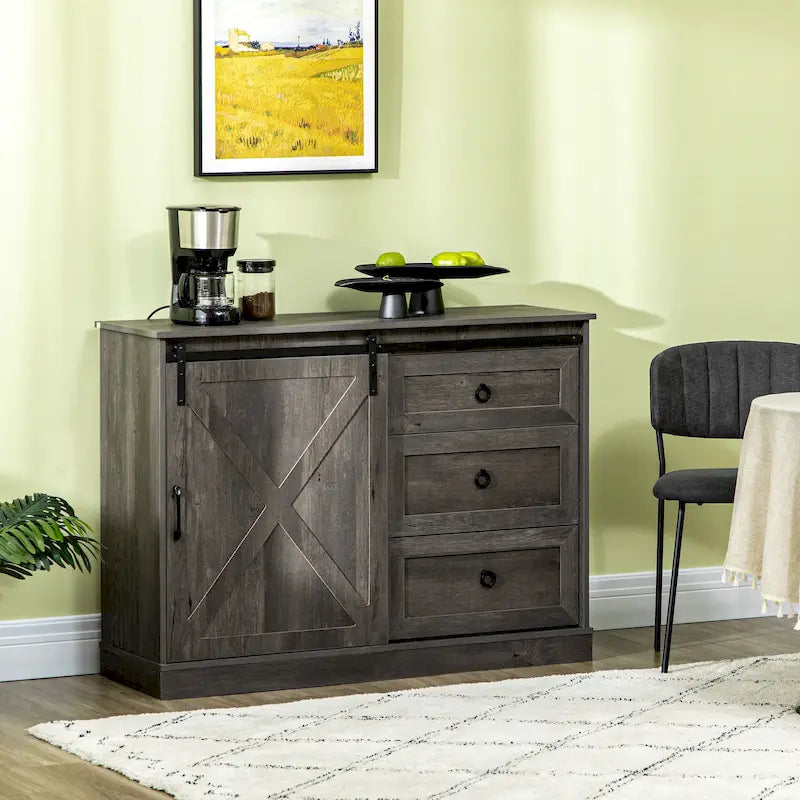 Buffet de style campagnard avec porte coulissante type porte de grange et 3 tiroirs, Blanc
