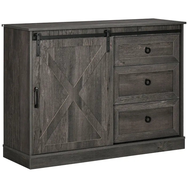 Buffet de style campagnard avec porte coulissante type porte de grange et 3 tiroirs, Blanc