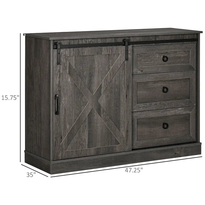 Buffet de style campagnard avec porte coulissante type porte de grange et 3 tiroirs, Blanc