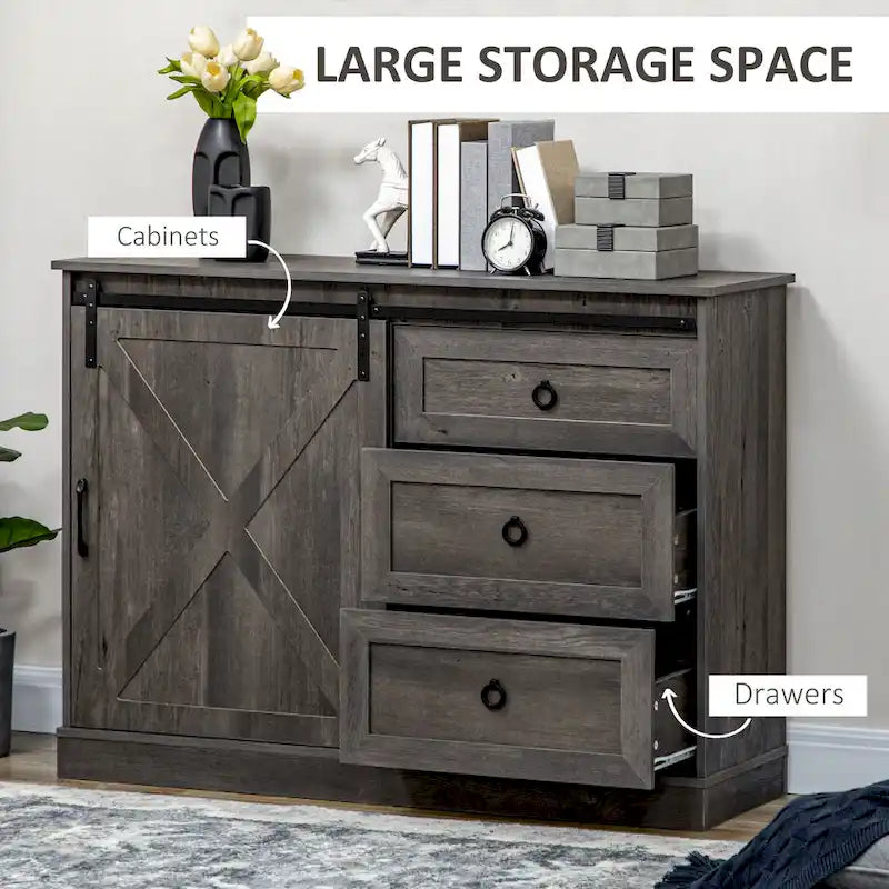 Buffet de style campagnard avec porte coulissante type porte de grange et 3 tiroirs, Blanc