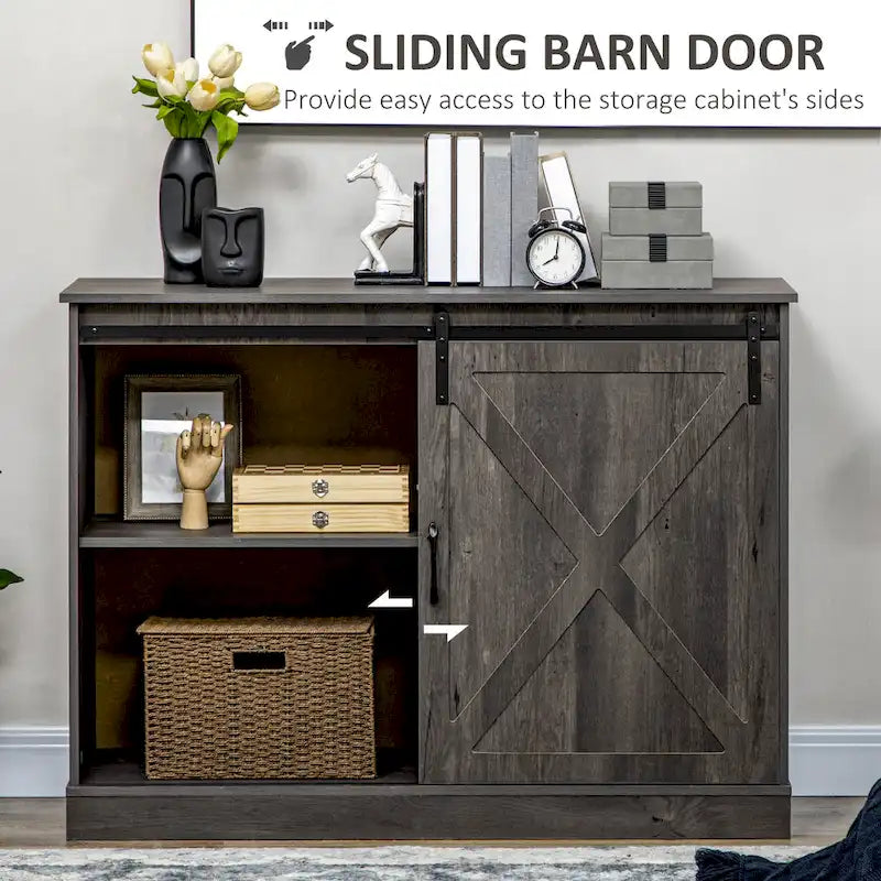 Buffet de style campagnard avec porte coulissante type porte de grange et 3 tiroirs, Blanc