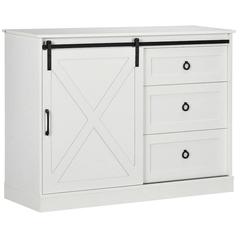 Buffet de style campagnard avec porte coulissante type porte de grange et 3 tiroirs, Blanc