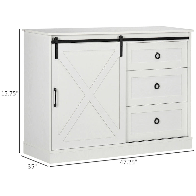 Buffet de style campagnard avec porte coulissante type porte de grange et 3 tiroirs, Blanc