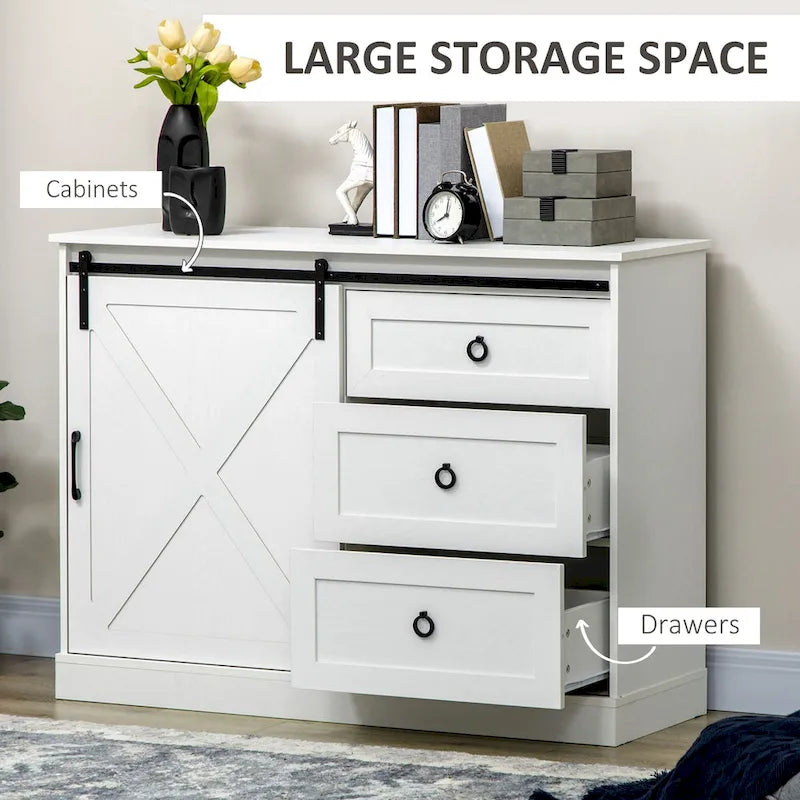 Buffet de style campagnard avec porte coulissante type porte de grange et 3 tiroirs, Blanc