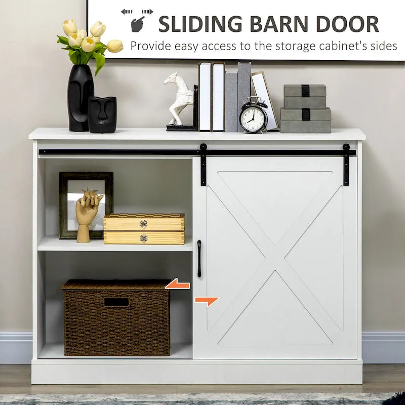 Buffet de style campagnard avec porte coulissante type porte de grange et 3 tiroirs, Blanc