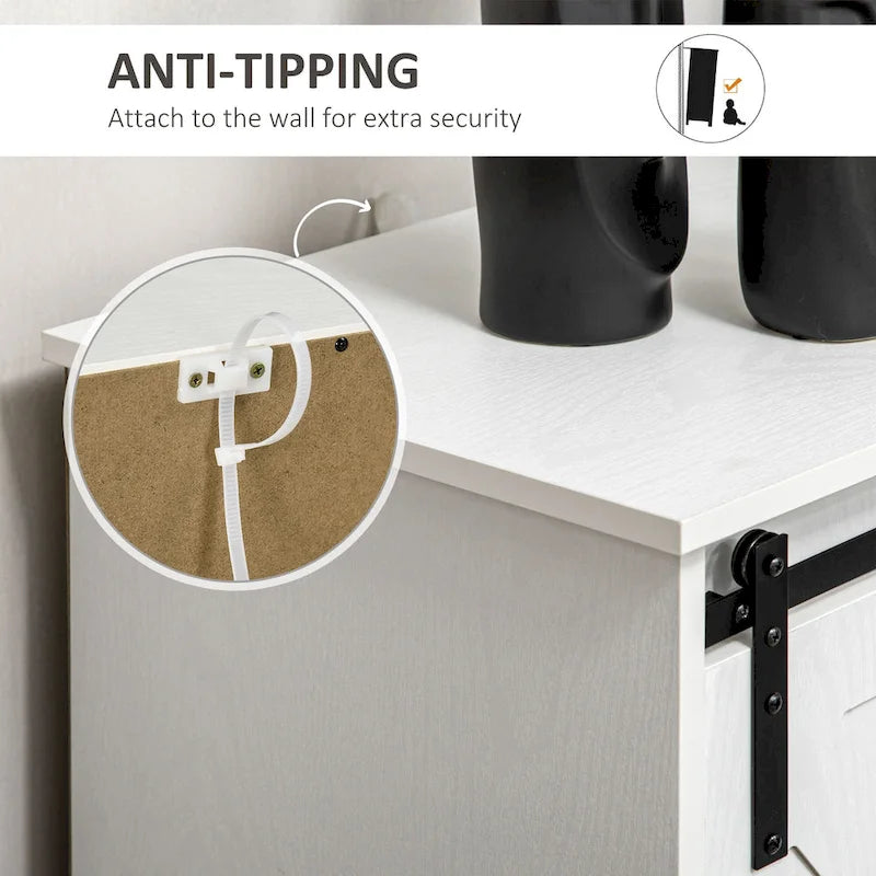 Buffet de style campagnard avec porte coulissante type porte de grange et 3 tiroirs, Blanc