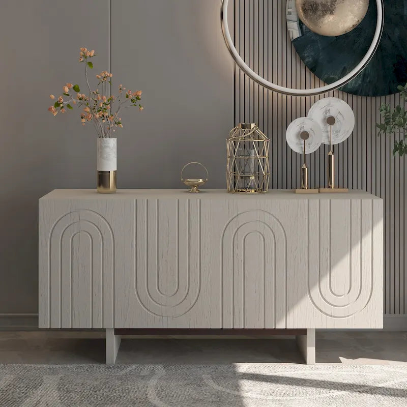 Buffet moderne cannelé à 4 portes avec rangement Blanc Marron