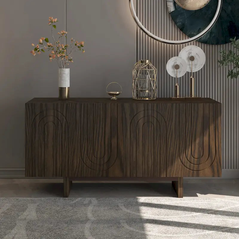 Buffet moderne cannelé à 4 portes avec rangement Blanc Marron