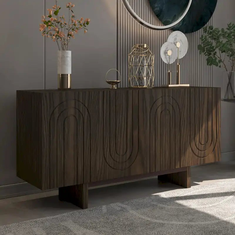 Buffet moderne cannelé à 4 portes avec rangement Blanc Marron