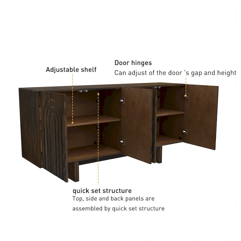 Buffet moderne cannelé à 4 portes avec rangement Blanc Marron
