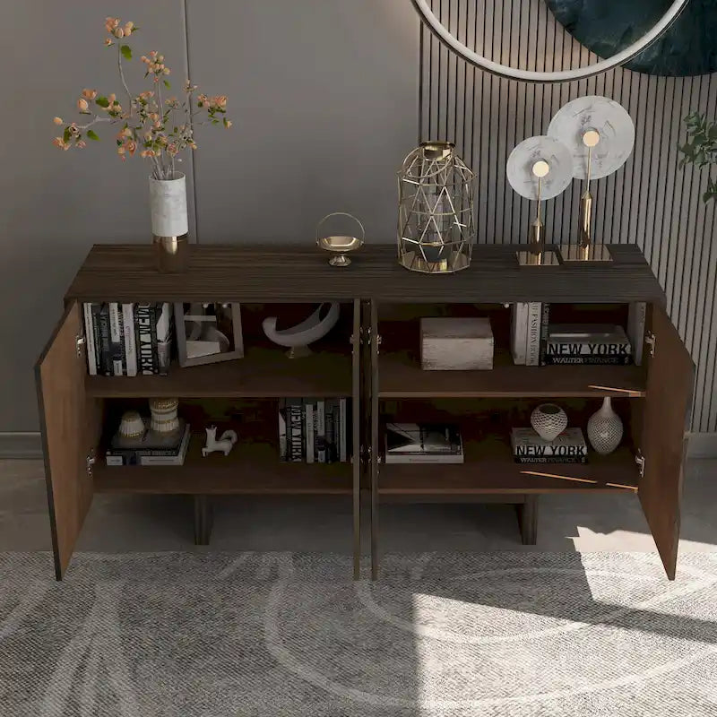 Buffet moderne cannelé à 4 portes avec rangement Blanc Marron