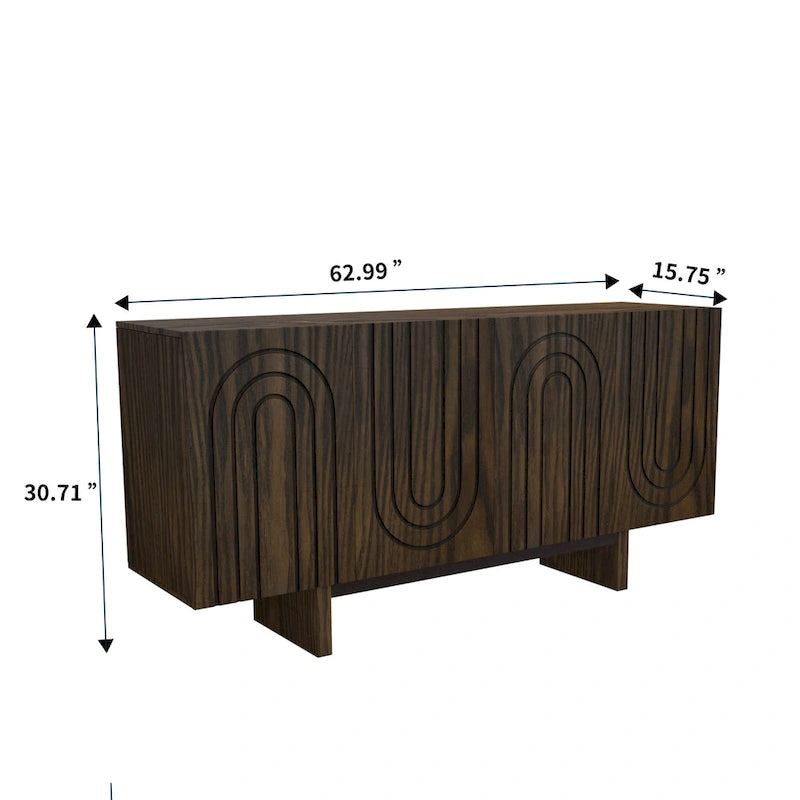 Buffet moderne cannelé à 4 portes avec rangement Blanc Marron
