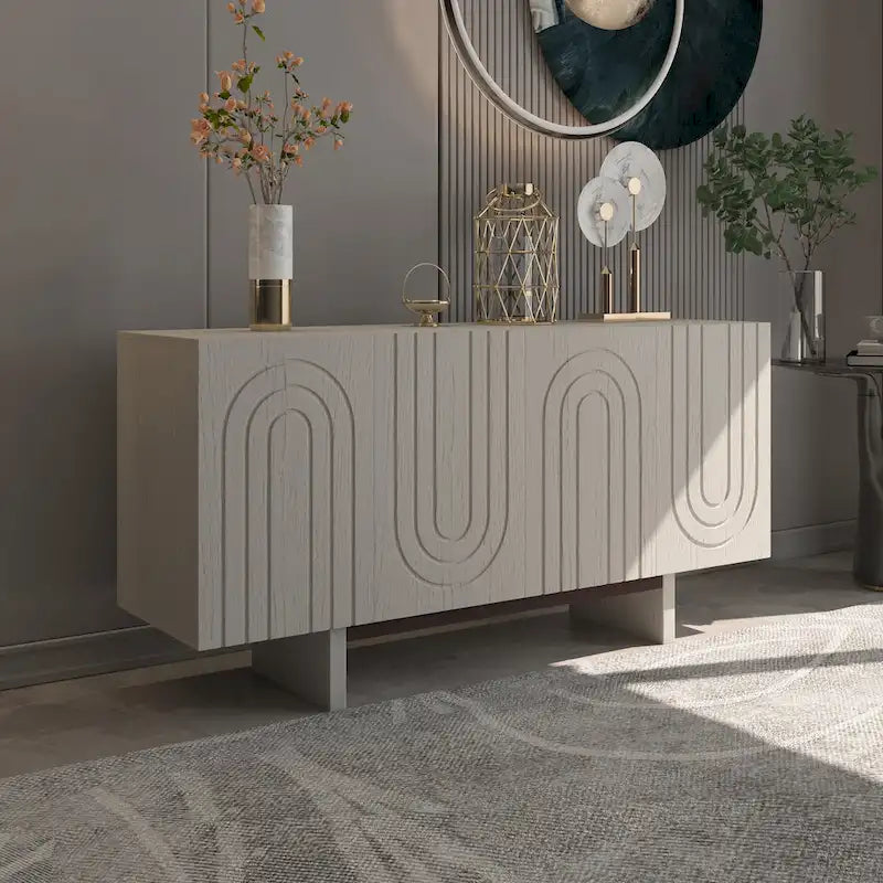 Buffet moderne cannelé à 4 portes avec rangement Blanc Marron