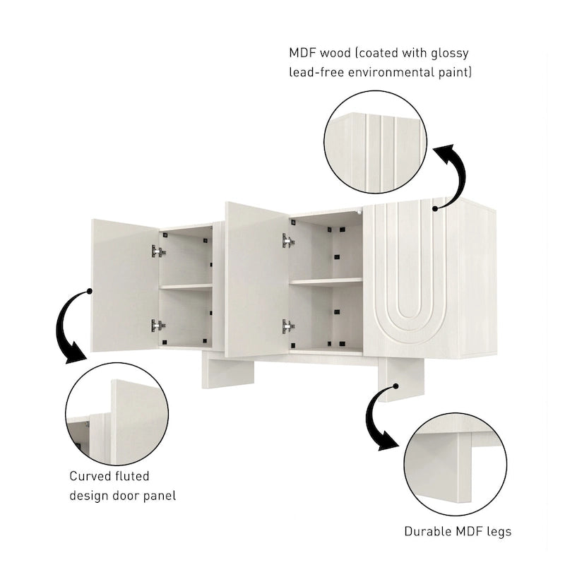 Buffet moderne cannelé à 4 portes avec rangement Blanc Marron