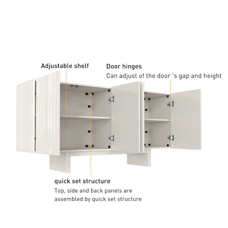 Buffet moderne cannelé à 4 portes avec rangement Blanc Marron