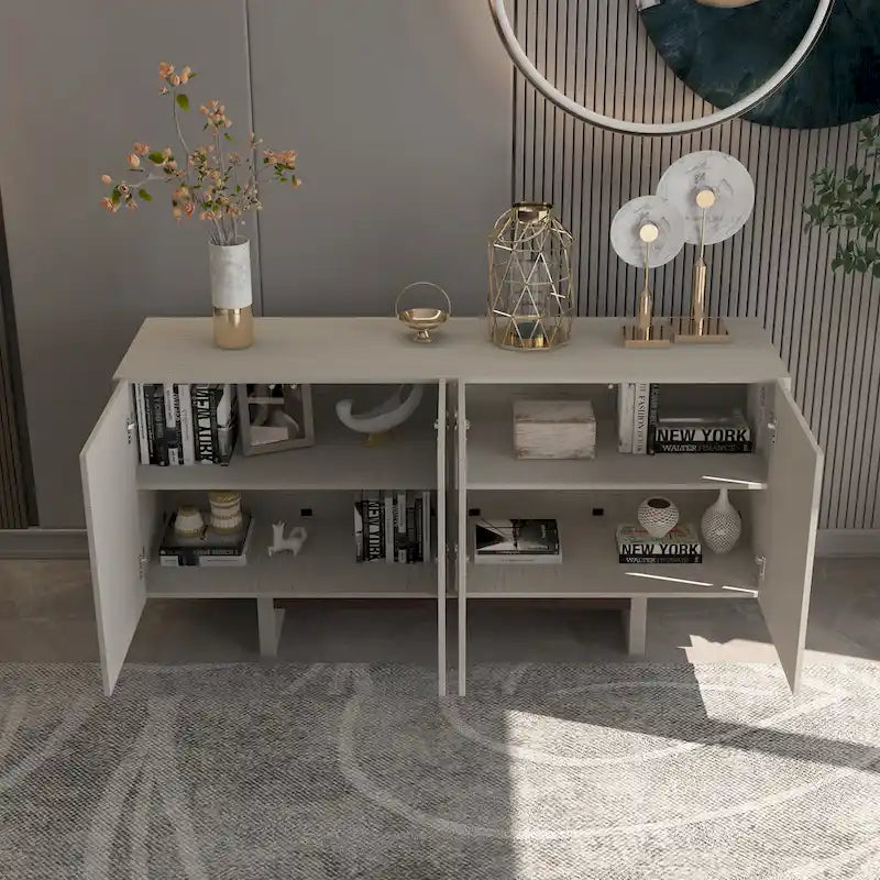 Buffet moderne cannelé à 4 portes avec rangement Blanc Marron