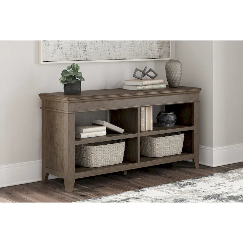 Buffet de rangement ouvert blanchi à la chaux avec étagères réglables Finition bois vieilli