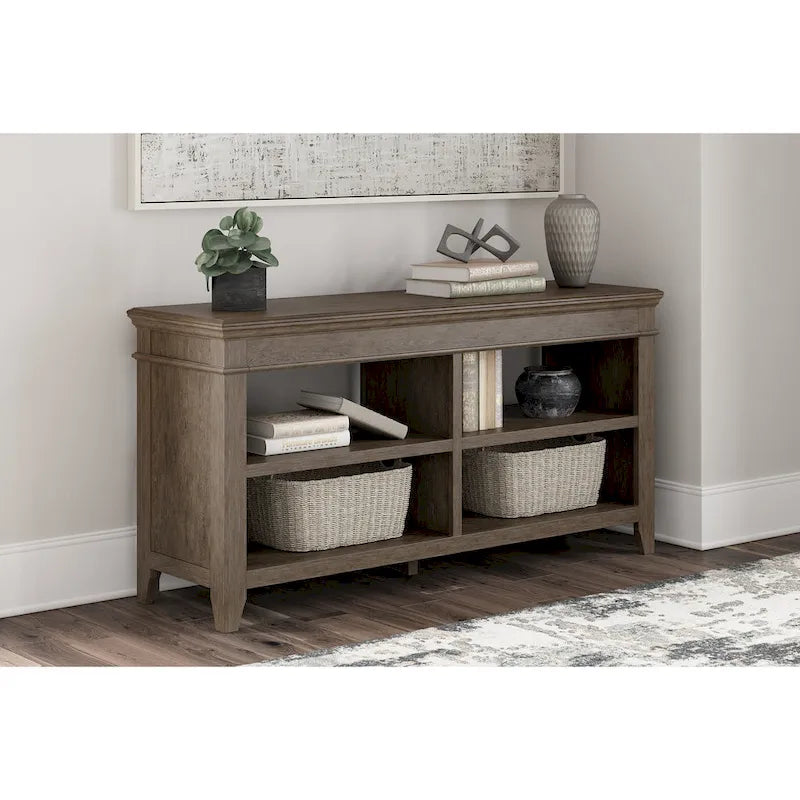Buffet de rangement ouvert blanchi à la chaux avec étagères réglables Finition bois vieilli