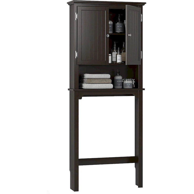 Meuble de rangement de salle de bain au-dessus des toilettes avec étagères réglables et portes doubles Espresso