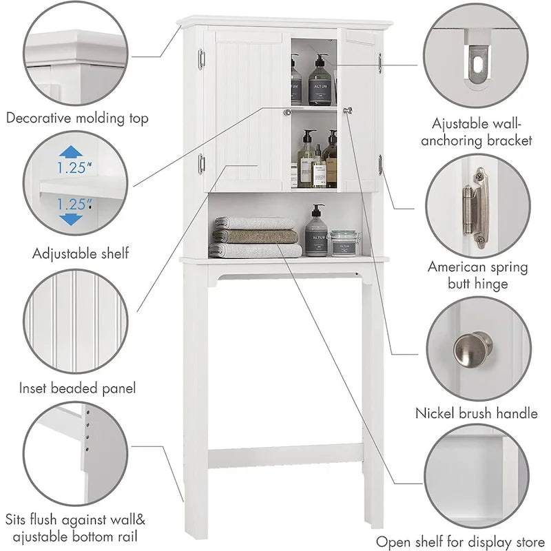 Meuble de rangement de salle de bain au-dessus des toilettes avec étagères réglables et portes doubles Espresso