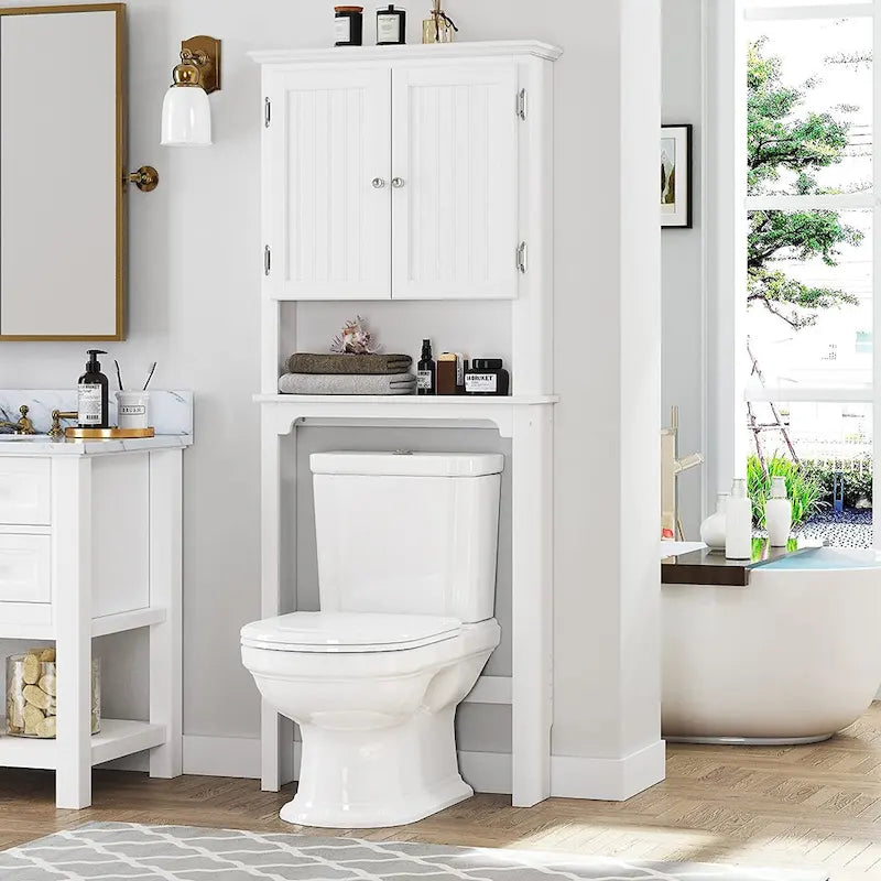 Meuble de rangement de salle de bain au-dessus des toilettes avec étagères réglables et portes doubles Espresso