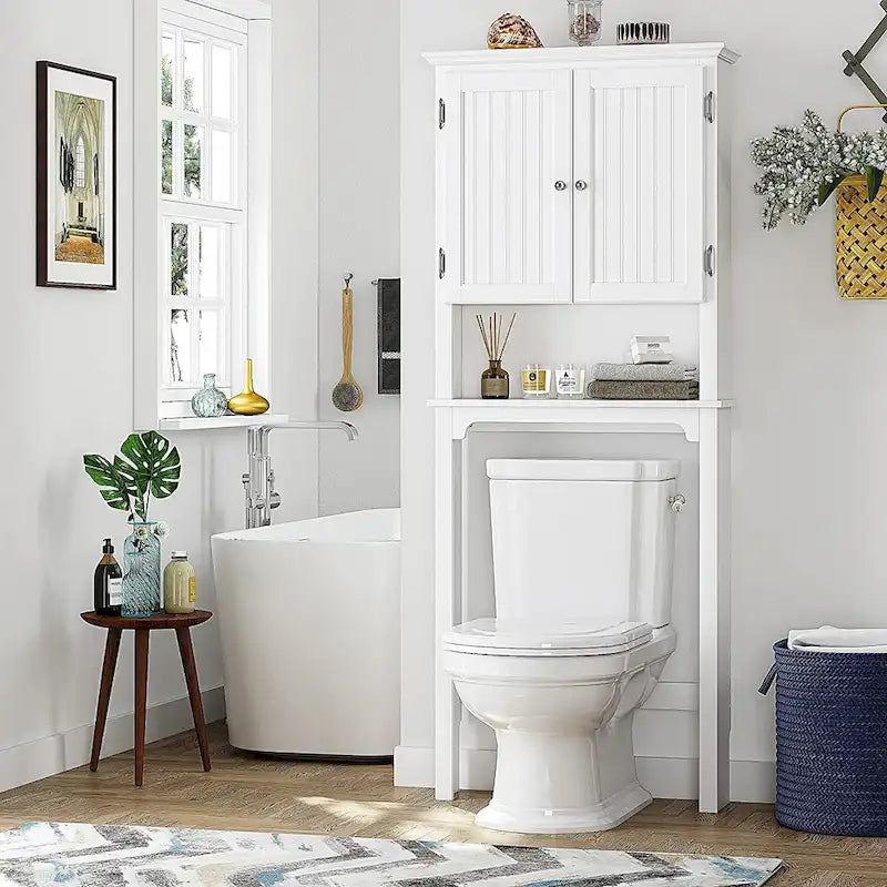 Meuble de rangement de salle de bain au-dessus des toilettes avec étagères réglables et portes doubles Espresso