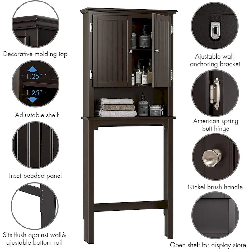 Meuble de rangement de salle de bain au-dessus des toilettes avec étagères réglables et portes doubles Espresso