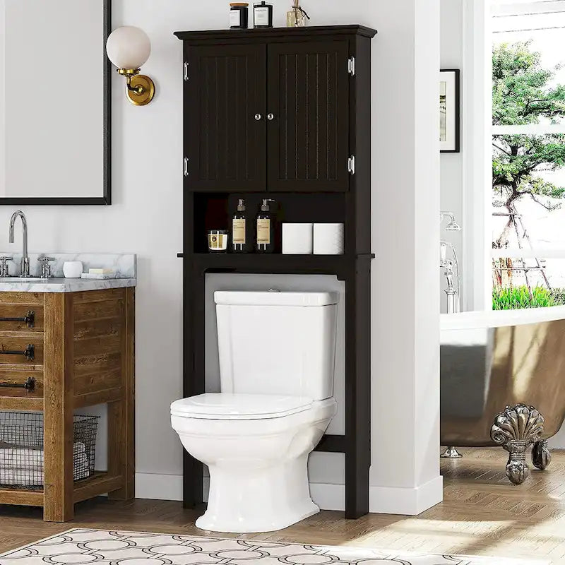 Meuble de rangement de salle de bain au-dessus des toilettes avec étagères réglables et portes doubles Espresso