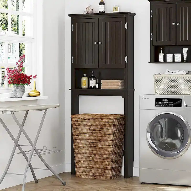 Meuble de rangement de salle de bain au-dessus des toilettes avec étagères réglables et portes doubles Espresso