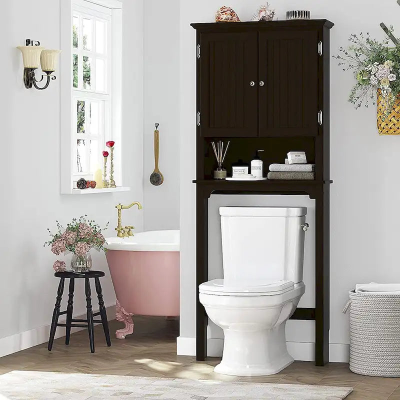 Meuble de rangement de salle de bain au-dessus des toilettes avec étagères réglables et portes doubles Espresso