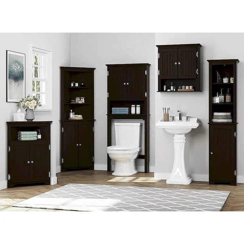 Meuble de rangement de salle de bain au-dessus des toilettes avec étagères réglables et portes doubles Espresso