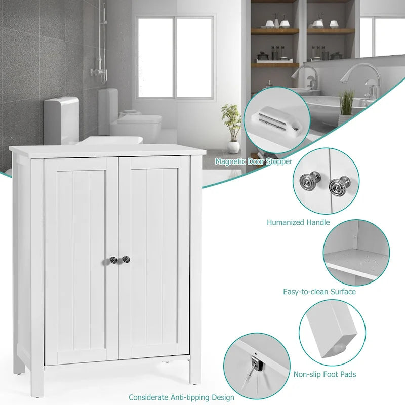 Meuble de salle de bain sur pied à double porte, blanc, gris, marron