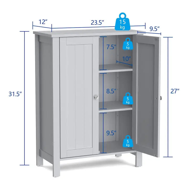 Meuble de salle de bain sur pied à double porte, blanc, gris, marron
