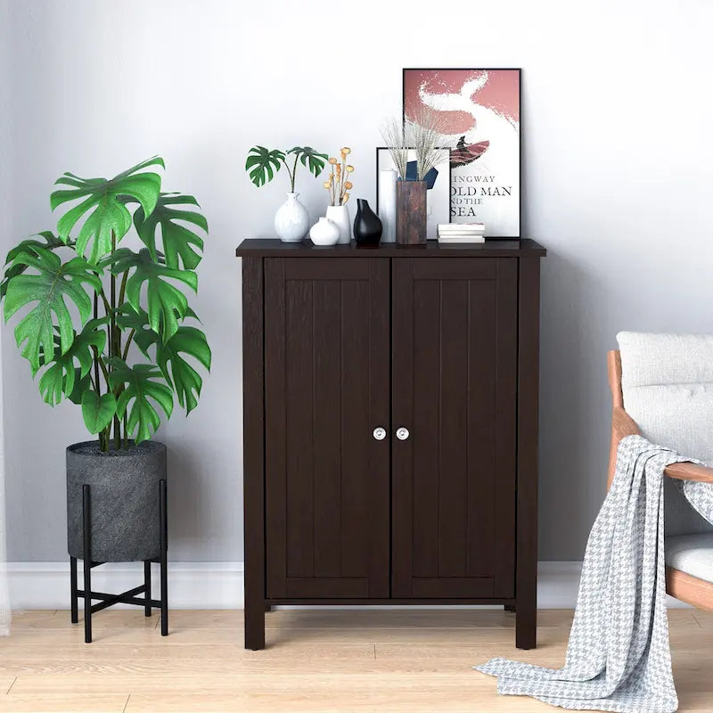 Meuble de salle de bain sur pied à double porte, blanc, gris, marron