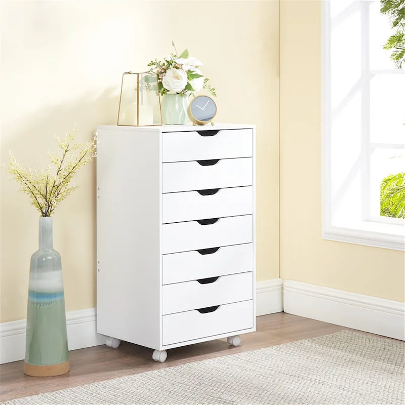 Armoire de rangement à roulettes en bois à 7 tiroirs avec roulettes lisses