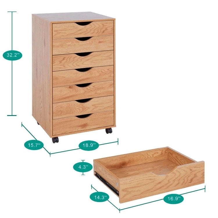 Armoire de rangement à roulettes en bois à 7 tiroirs avec roulettes lisses