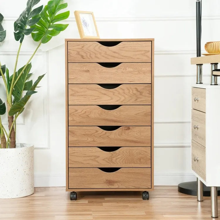 Armoire de rangement à roulettes en bois à 7 tiroirs avec roulettes lisses