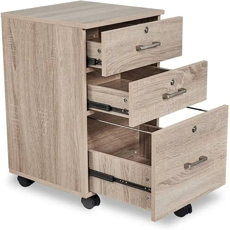 Classeur à roulettes en bois à 3 tiroirs avec serrure, finition chêne