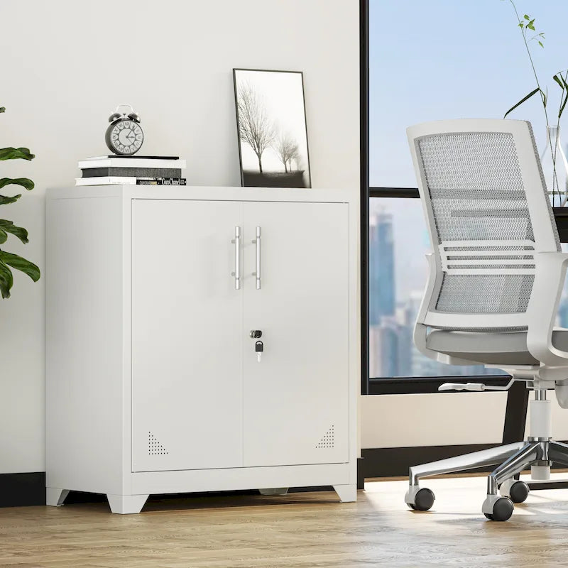 Armoire de rangement de bureau blanche en acier à double porte verrouillable avec étagères réglables