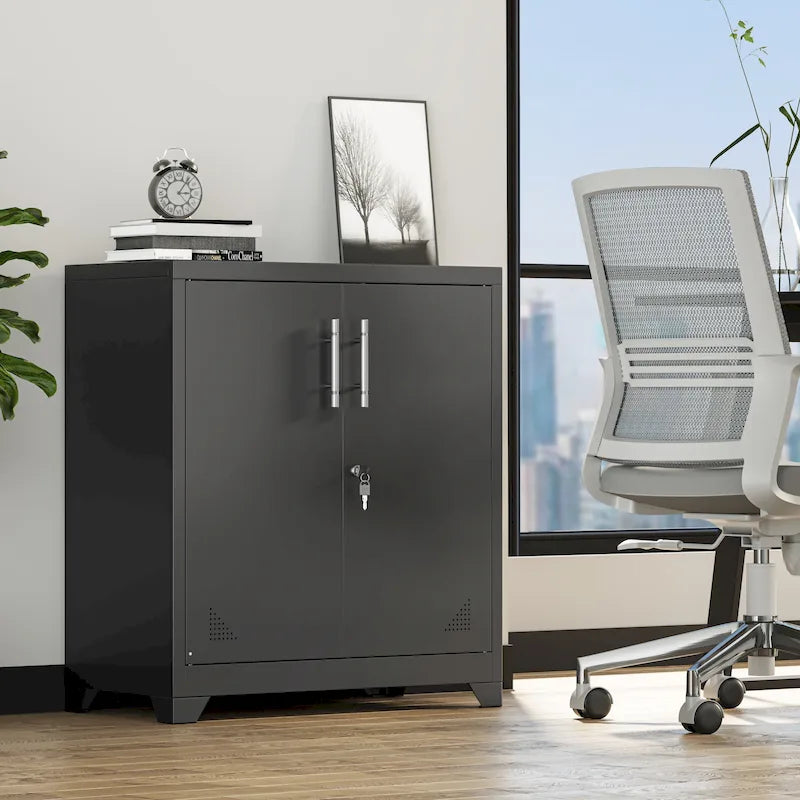 Armoire de rangement de bureau blanche en acier à double porte verrouillable avec étagères réglables