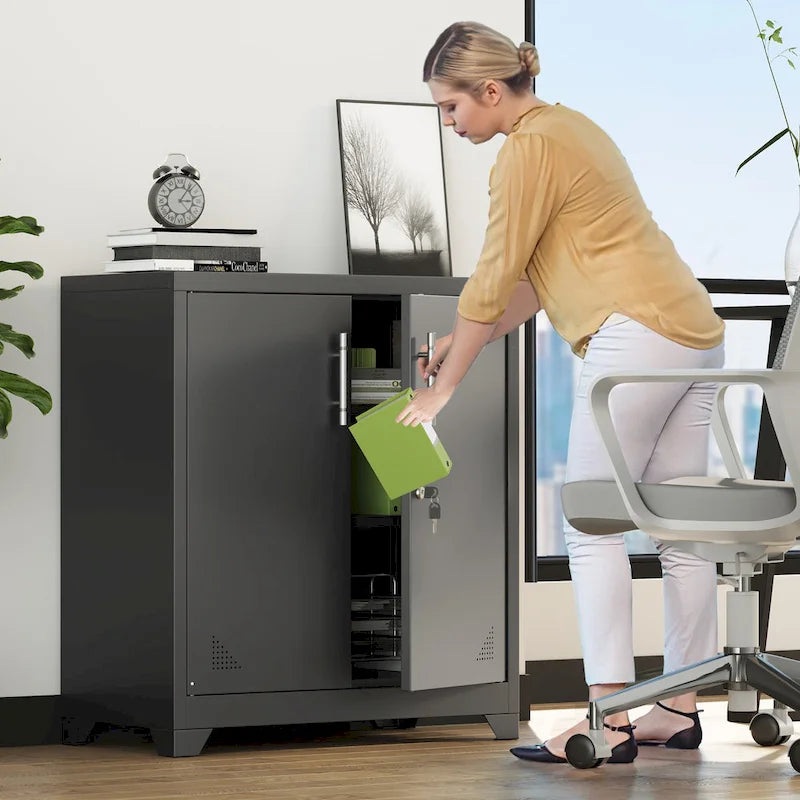 Armoire de rangement de bureau blanche en acier à double porte verrouillable avec étagères réglables